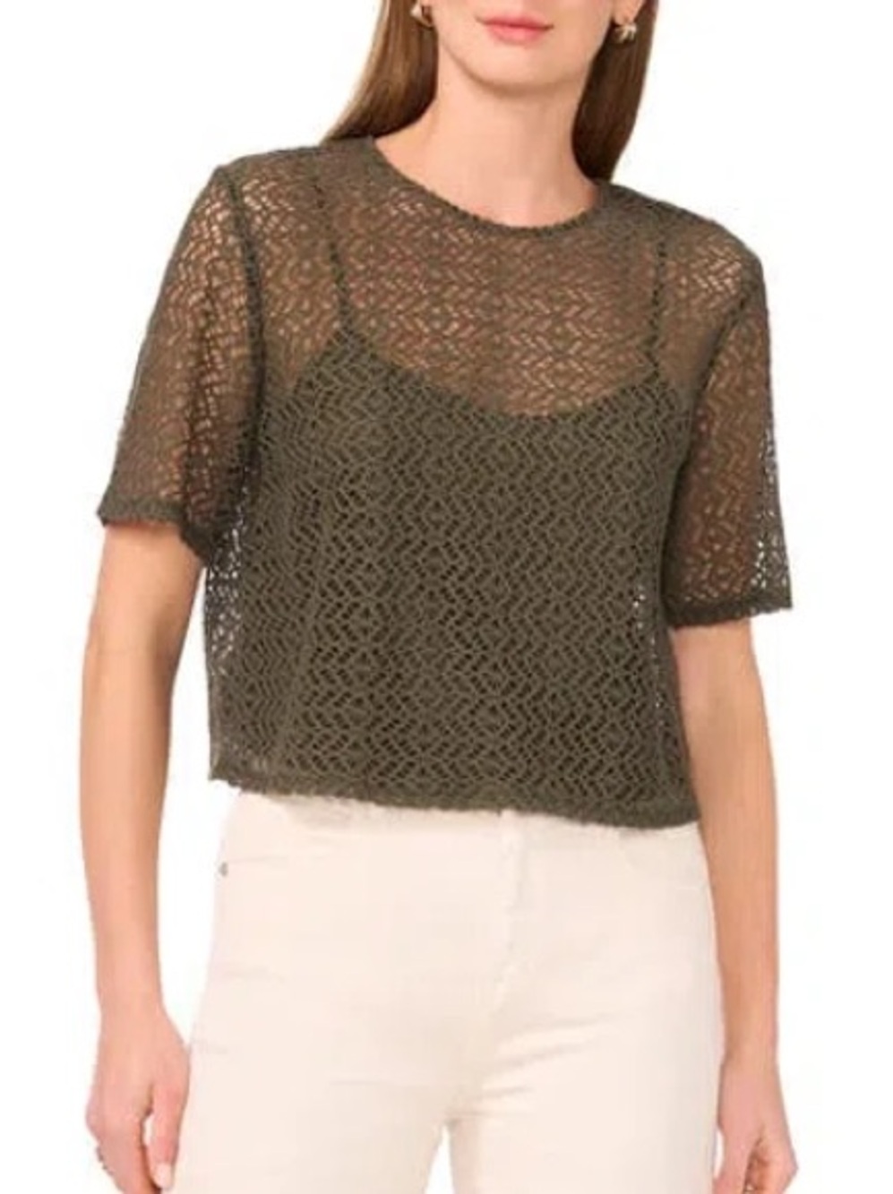 Halogen Crochet Lace Short Sleeve Top, in Olive, size Medium